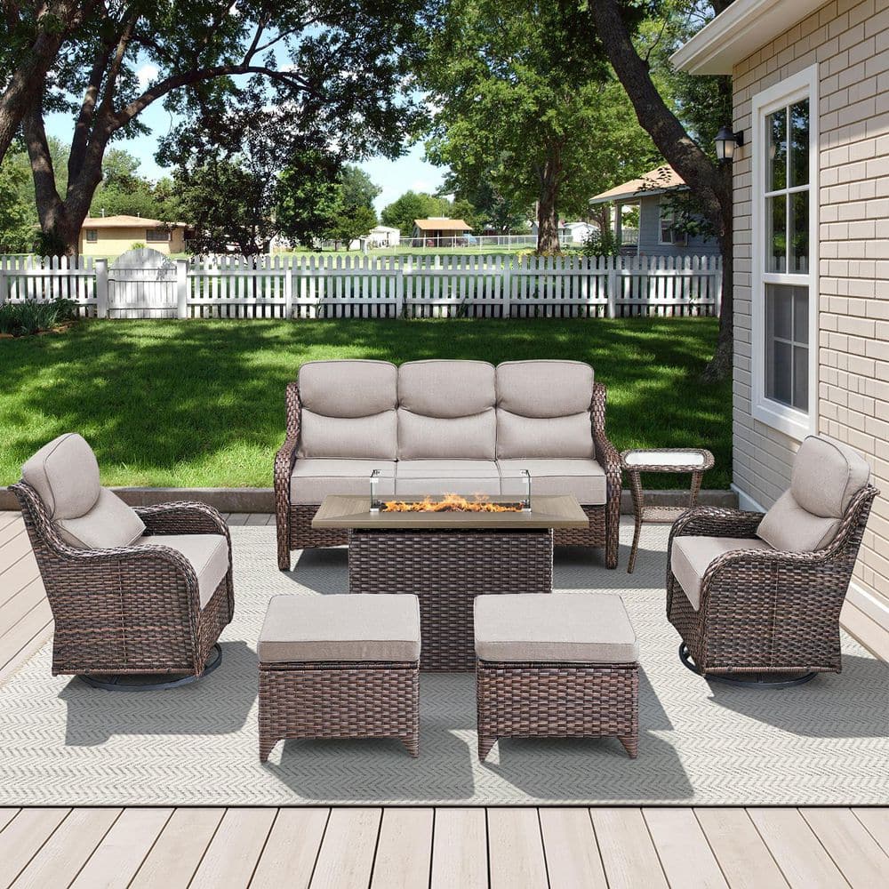 Arcadia Brown 7-Piece Wicker Outdoor Patio Fire Pit Deep Seating Set with 6 in. Thick Beige Cushions price history on PriceWatchPro