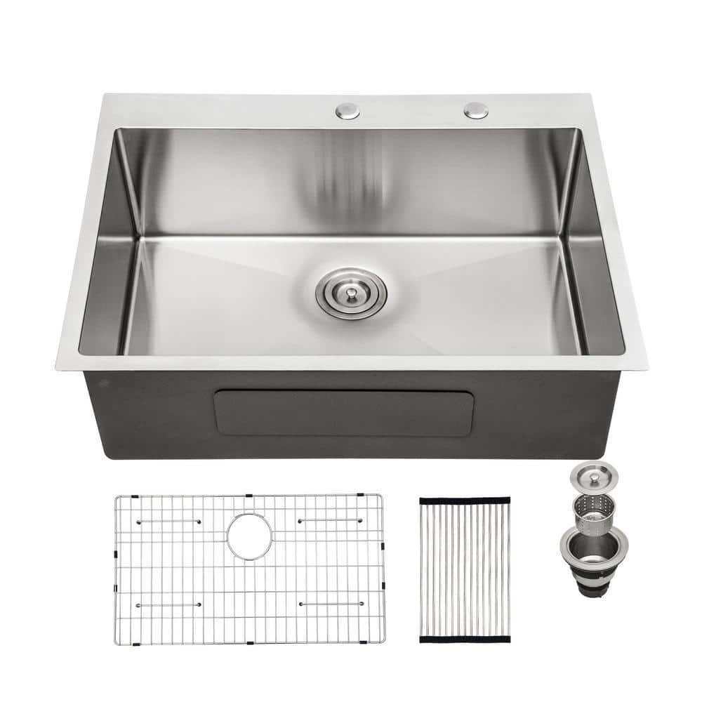 28 in. Drop-In Single Bowl 16-Gauge Brushed Nickel Stainless Steel Kitchen Sink with Bottom Grids and Drying Rack -  EPOWP, LX-KS-13