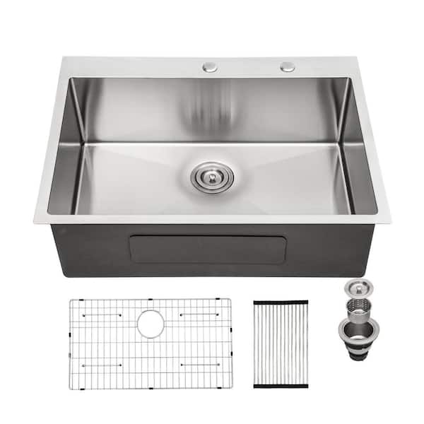 EPOWP 28 in. Drop-In Single Bowl 16-Gauge Brushed Nickel Stainless Steel Kitchen Sink with Bottom Grids and Drying Rack