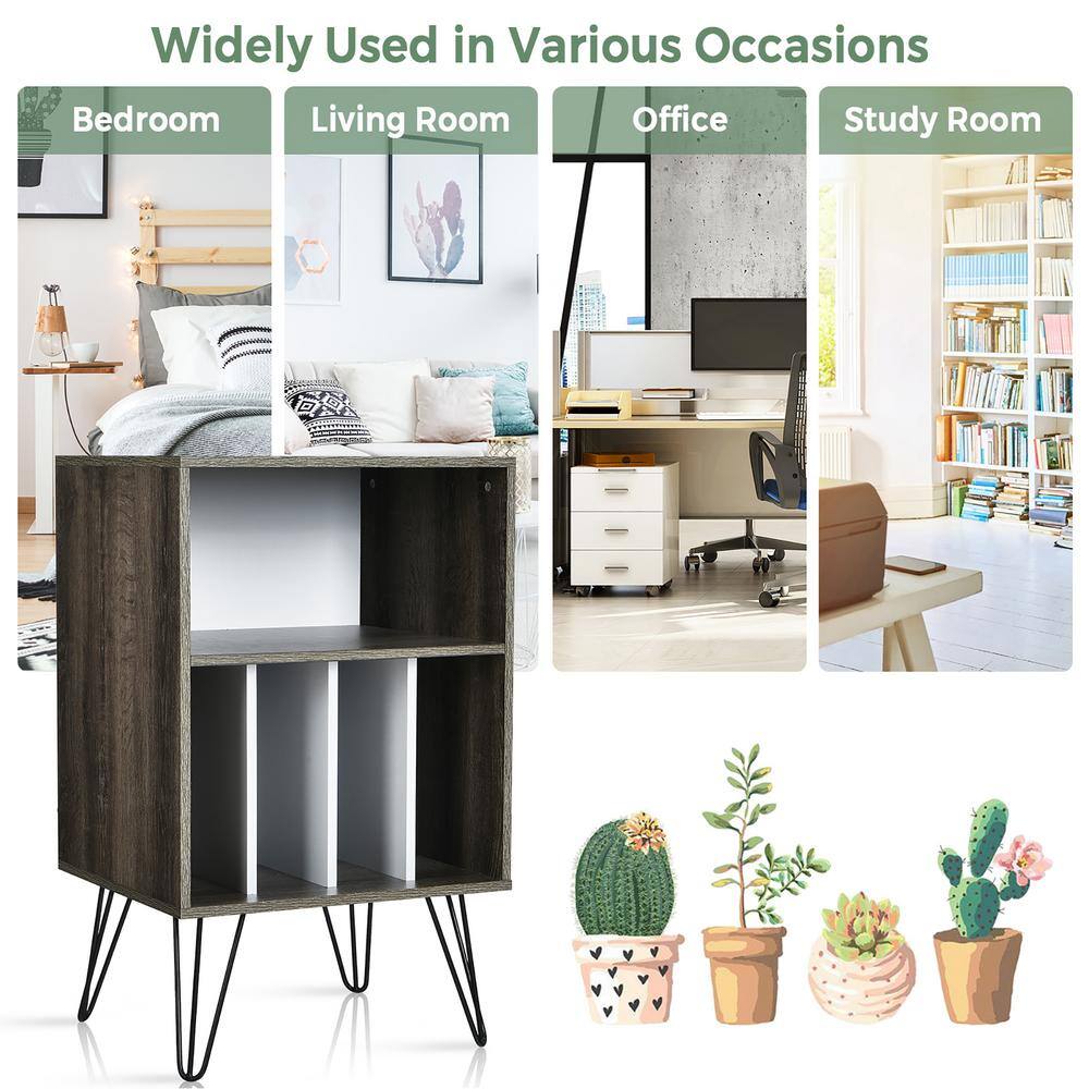 Walnut Wood Record Player Stand with Metal Legs and Storage Shelf