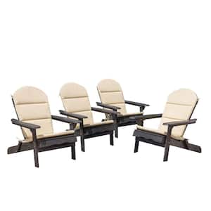 Malibu Dark Grey Folding Wood Outdoor Lounge Chair with Khaki Cushion (4-Pack)