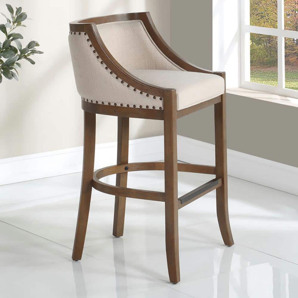 Michelle Transitional Beige Linen & Warm Brown Wood Bar Stool