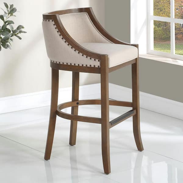 Houston 40.25 in. High Warm Brown Curved Back Wood 30 in. Seat Height Bar Stool with Fabric Seat and Back