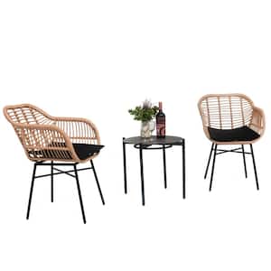 3-Piece Natural Metal and Wicker Outdoor Bistro Set Black Stainless Steel Frame with Waterproof Cushions