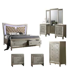 Venetian 5-Piece Champagne Color Wood California King Bedroom Set With Vanity, Chest And Extra Nightstand