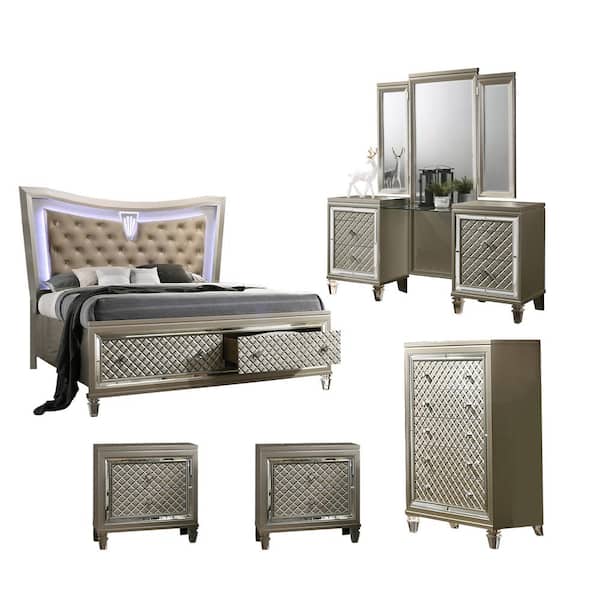 Best Quality Furniture Venetian 5-Piece Champagne Color Wood California King Bedroom Set With Vanity, Chest And Extra Nightstand