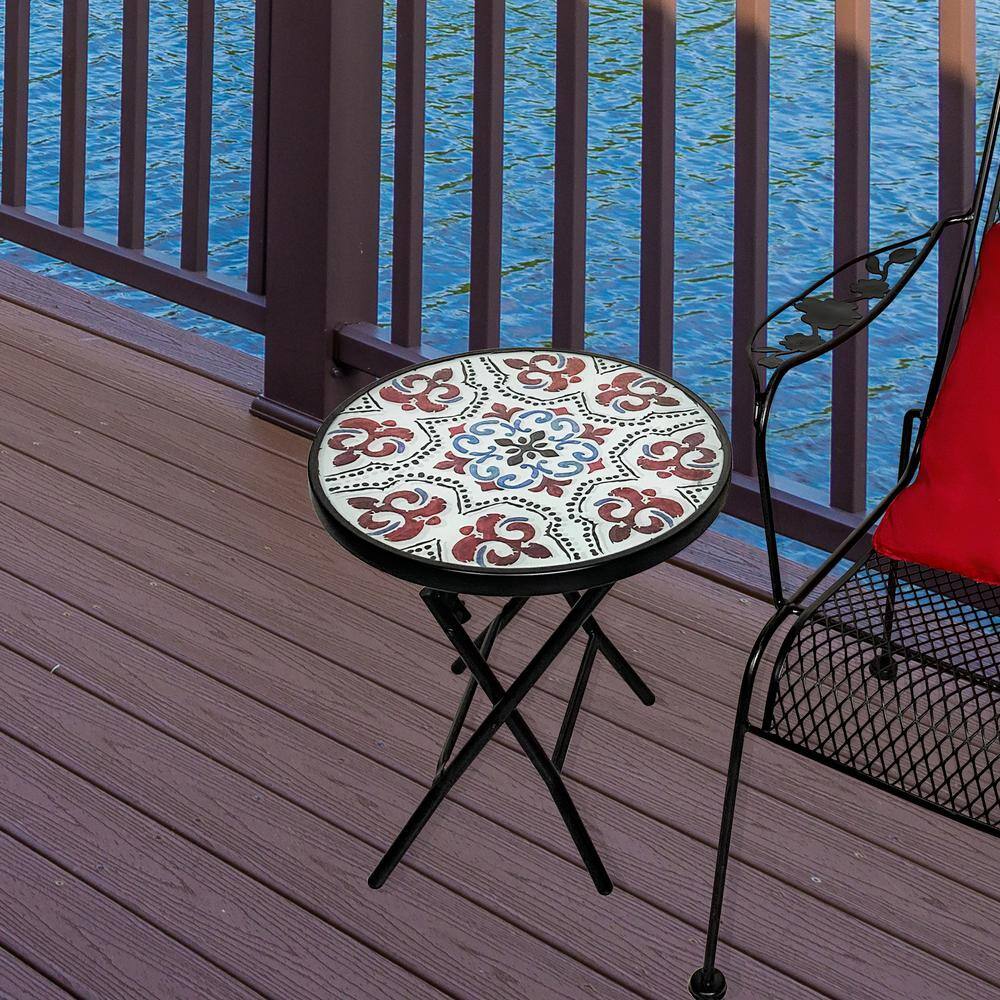 18" Black Steel Foldable Table with Mosaic Glass Top