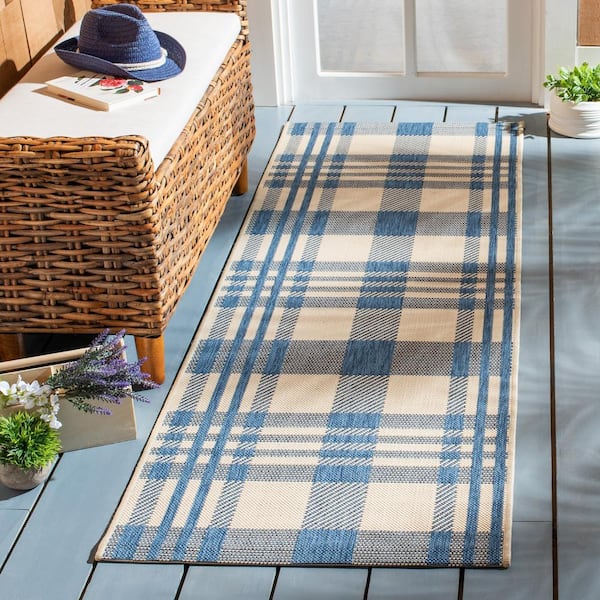 Courtyard Beige/Blue 2 ft. x 14 ft. Plaid Indoor/Outdoor Patio  Runner Rug