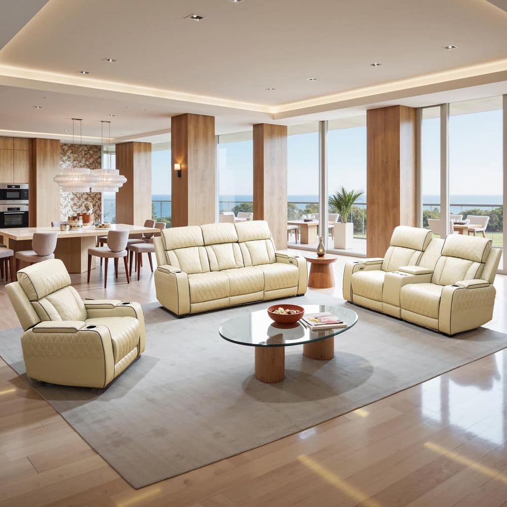 190 in. Overall Straight Arm Leather Rectangle Recliner Sofa Set in Beige, 6 Seats Sectional with USB, Wireless Charging