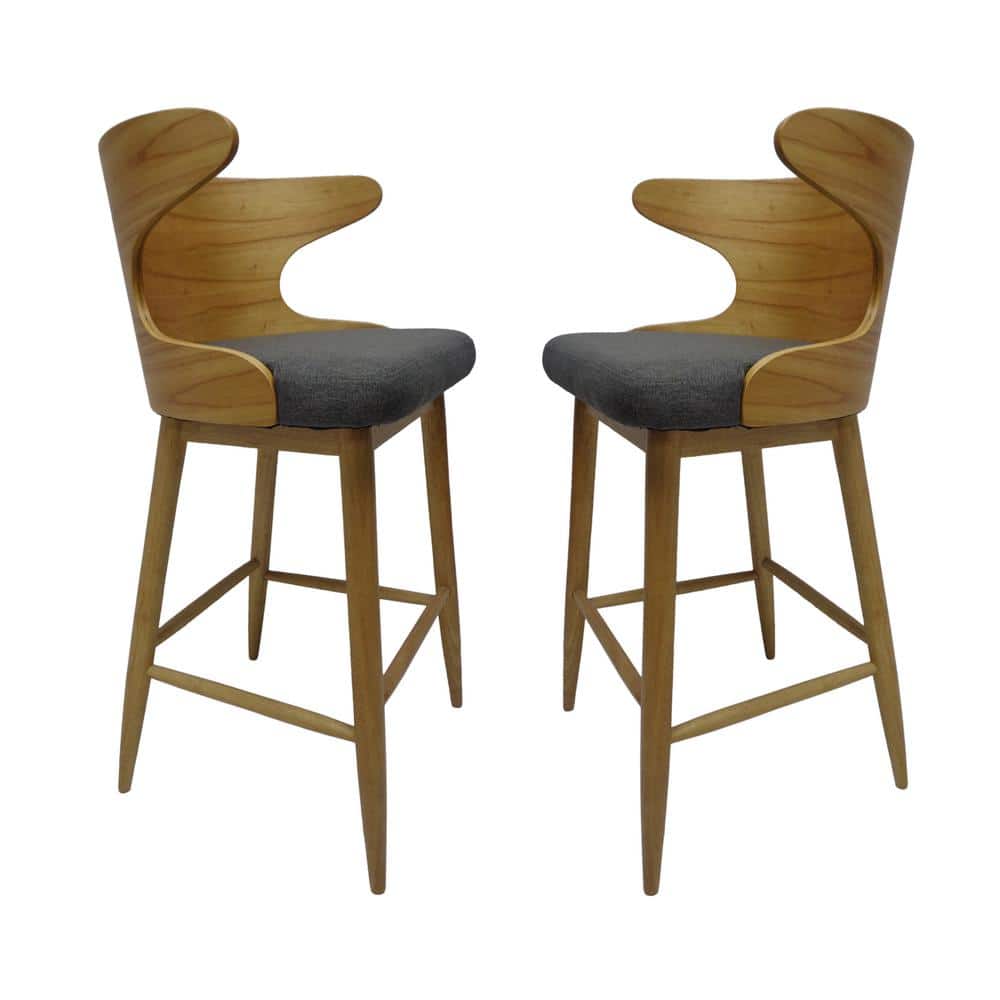 Noble House Kamryn MidCentury Modern 30.25 in. Natural Wooden Bar Stools with Charcoal Fabric