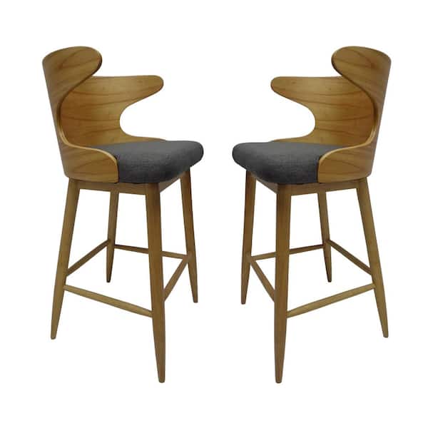 Noble House Kamryn Mid-Century Modern 30.25 in. Natural Wooden Bar Stools with Charcoal Fabric Seat Cushion (Set of 2)