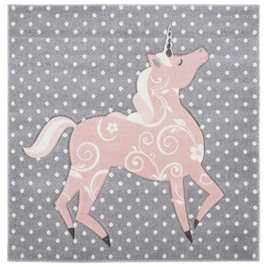 Carousel Kids Gray/Ivory/Pink 7 ft. x 7 ft. Animal Print Solid Color Square Area Rug