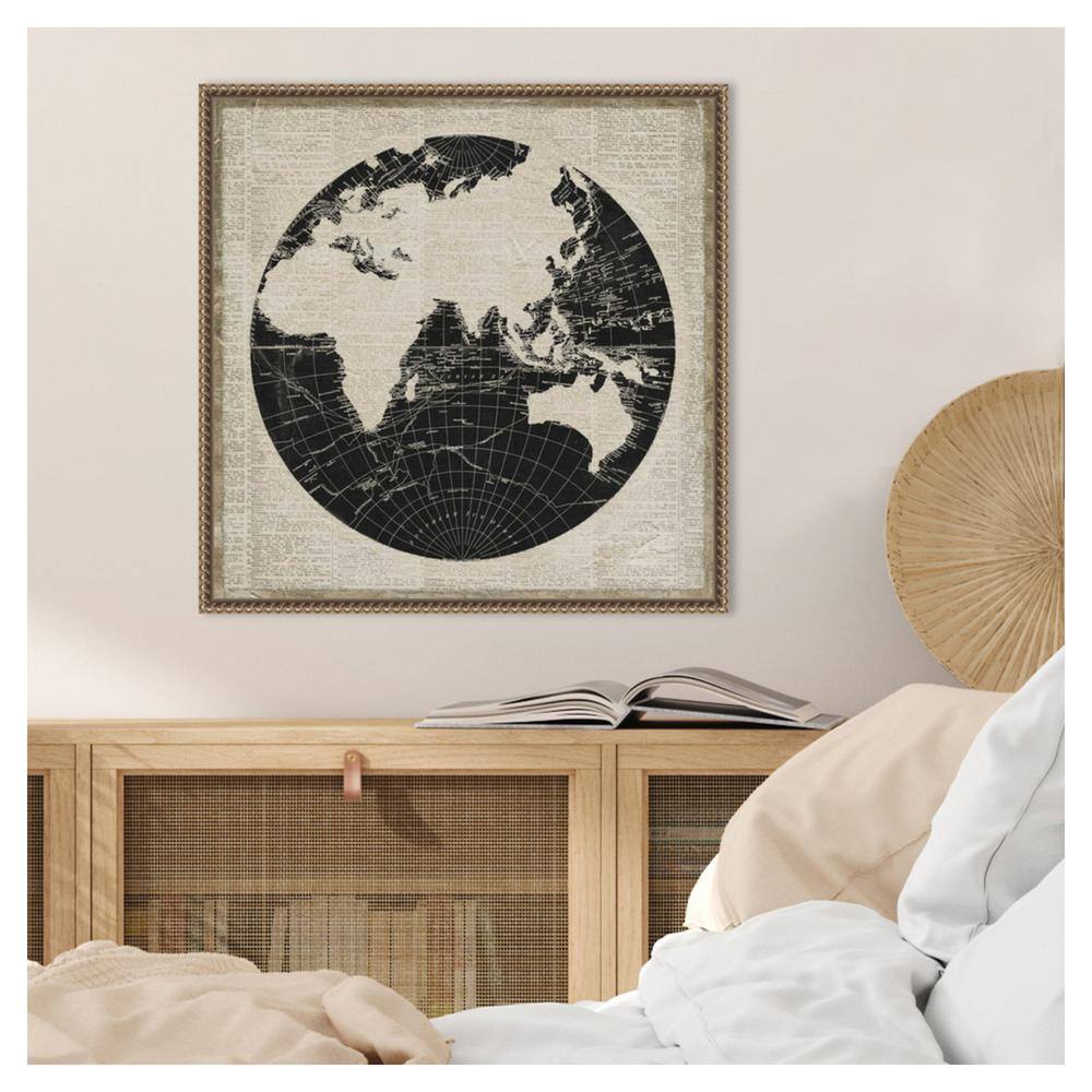 World News Map II Navy Canvas Print with Bronze Frame
