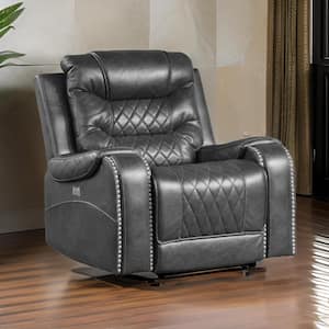 Gray Faux Leather Power Swivel Glider Recliner with USB Port