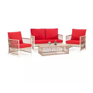 4-Piece Yellow Wicker Outdoor Patio Sectional Sofa Conversation Set with Red Cushions and 1 Coffee Table