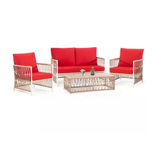 Zeus & Ruta 4-Piece Yellow Wicker Outdoor Patio Sectional Sofa Conversation Set with Red Cushions and 1 Coffee Table