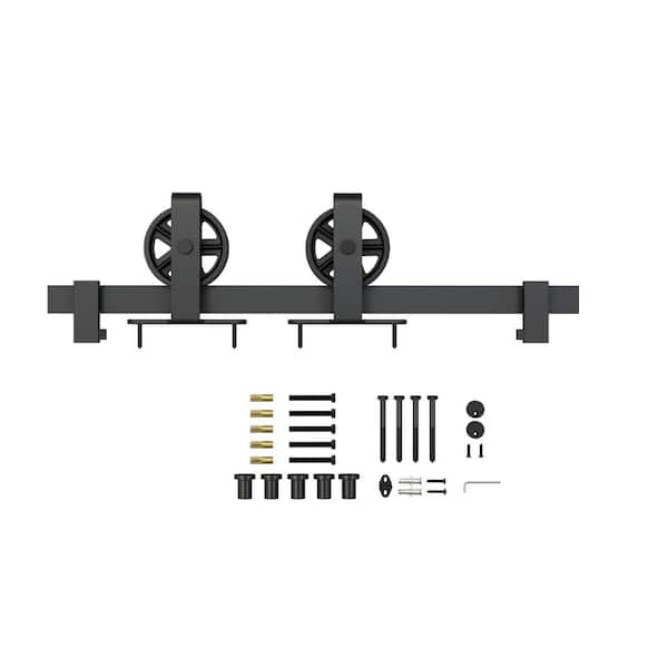 78-3/4 in. Black Steel Solid Heavy-Duty Vintage Industrial Top Mount Rolling Barn Door Hardware Kit for Single Wood Door