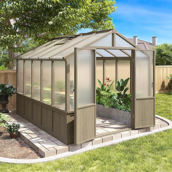 8 ft. x 10 ft. Wooden Garden Greenhouse for Outdoor Use with 2-Layer Polycarbonate Panels and Adjustable Roof Vent