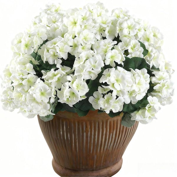 15.5 in. White 6 Bundles Artificial Geranium Fake Flowers, Fake Silk ...