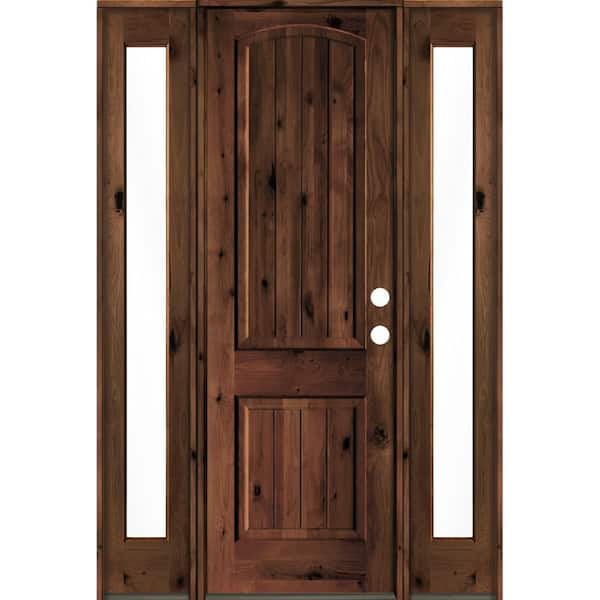 Krosswood Doors 58 in. x 96 in. Rustic Knotty Alder Arch Red Mahogany Stained Wood with V-Groove Left Hand Single Prehung Front Door