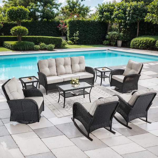 Gymojoy Carlos Black 8-Piece Wicker Patio Conversation Sofa Set Outdoor Swivel Chair Set with Beige Cushion Guard Cushions