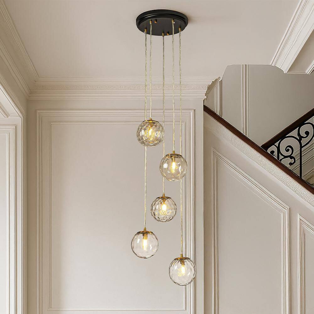 W12 in 5-Light Matte Black Modern Clear Ripple Glass Staircase Chandelier Globe Bubble Textured Glass Pendant For Foyer price history on PriceWatchPro