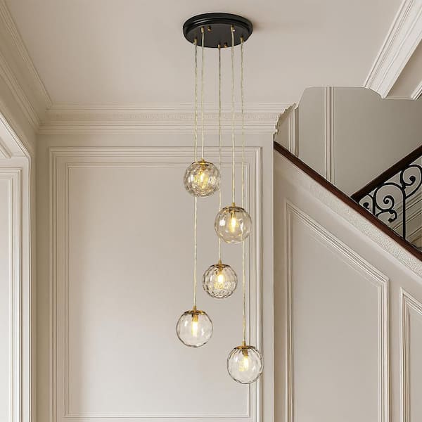 W12 in 5-Light Matte Black Modern Clear Ripple Glass Staircase Chandelier Globe Bubble Textured Glass Pendant For Foyer