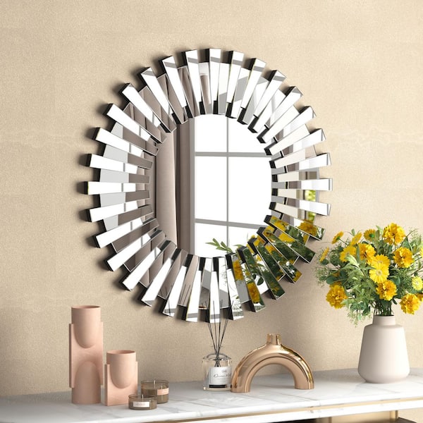 THKSHOUZ 32 in. W x 32 in. H Sunburst Wall Mirrors Decorative Round Mirror for Wall Modern Silver Mirror for Living Room