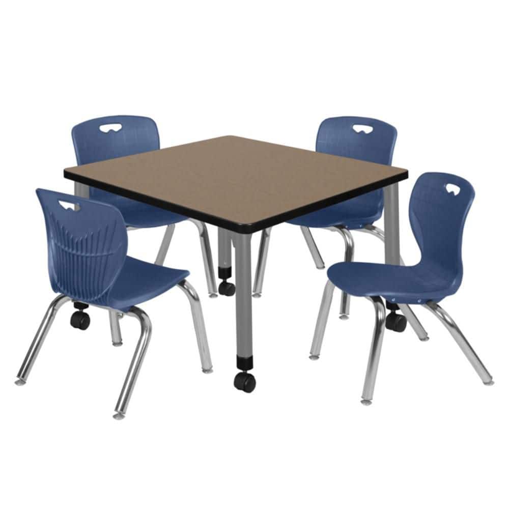 Kee 30 in. Square Noble Oak Mobile Adjustable Classroom Table Desk with Grey Base and 4 Andy 12 in. Blue Stack Chairs