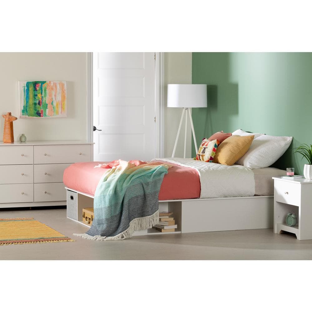 Full White Upholstered Captain's Storage Bed with Drawers