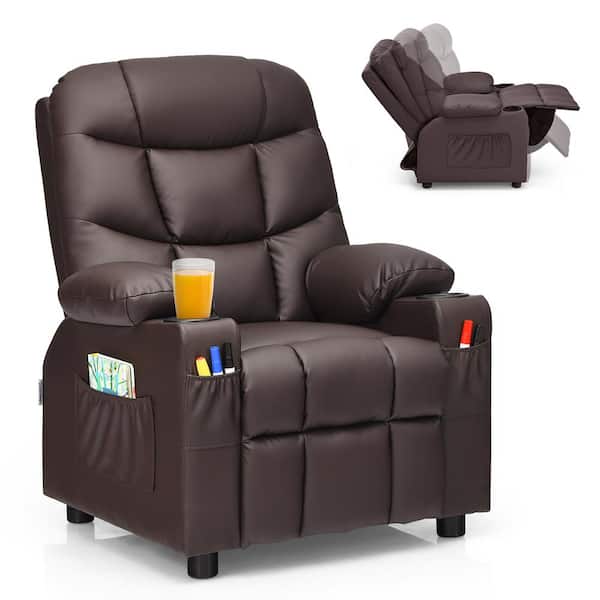 Costway Brown Faux Leather Upholstery Kids Recliner w/Cup Holders & Side Pockets