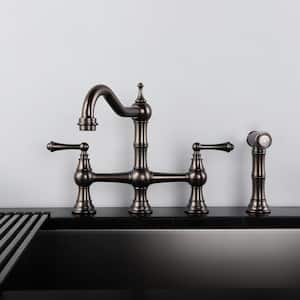 Elegant Double Handle Bridge Kitchen Faucet with Side Sprayer in Bronze