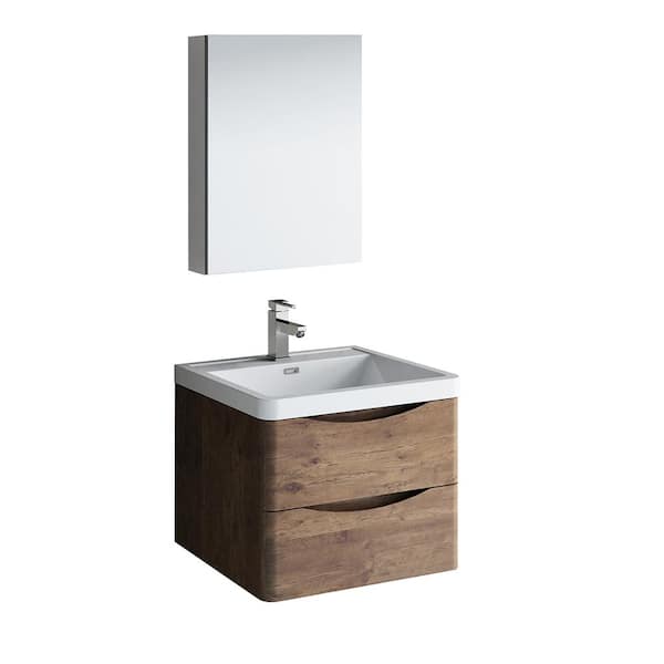 Fresca Tuscany 24 in. Modern Wall Hung Bath Vanity in Rosewood with Vanity Top in White with White Basin and Medicine Cabinet