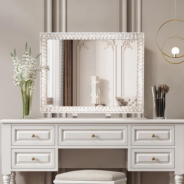 FAMYYT 35 in. W x 28 in. H Rectangular Framed Beveled Edge 3 colors Dimmable LED 198 Crystals Tabletop Bathroom Vanity Mirror