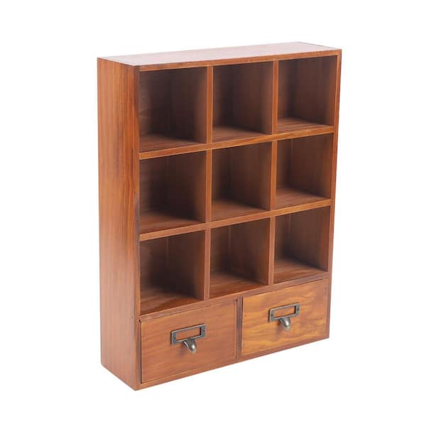 YIYIBYUS Brown Wooden Shelf with 2 Drawers Desktop Storage 9-Cube Organizer