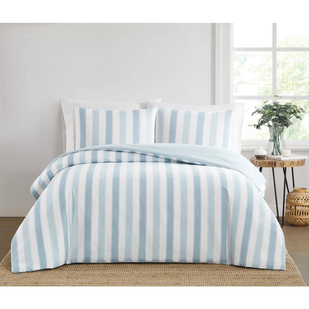 Full/Queen Blue and White Cotton Striped Duvet Cover Set