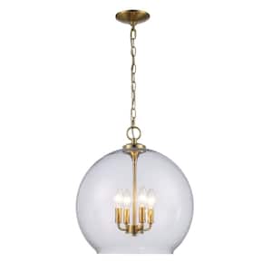 Kingsley 4-Light Aged Brass Oversized Pendant Light Fixture with Clear Glass Shade
