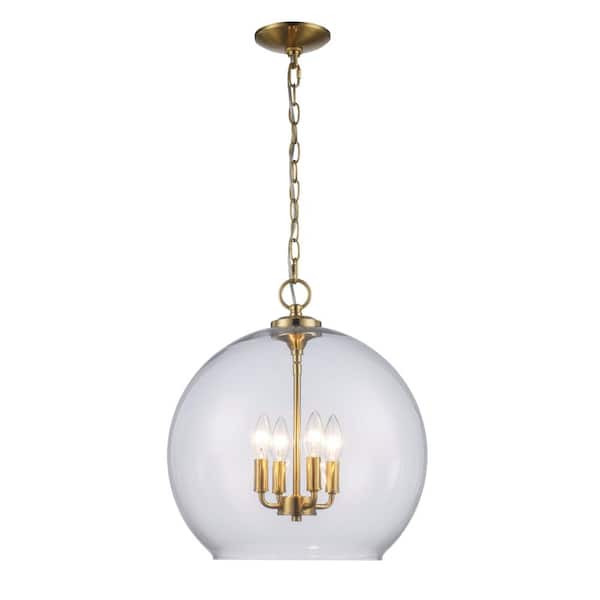 Home Decorators Collection Kingsley 4-Light Aged Brass Oversized Pendant Light Fixture with Clear Glass Shade