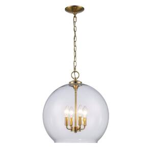 4-Light Aged Brass Pendant with Clear Glass Shade