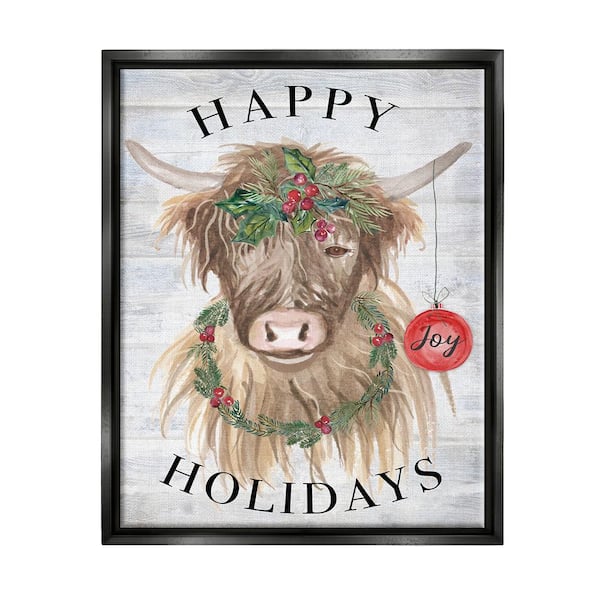 Stupell Industries Farmhouse Holiday Cow by Corinne Haig 1 Piece Floater Frame Graphic Print Animal Poster Art Print 21 in. x 17 in.