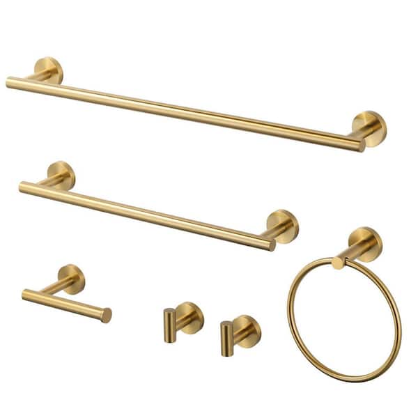 6-Piece Wall Mount Stainless Steel Bathroom Towel Rack Set in Brushed Gold