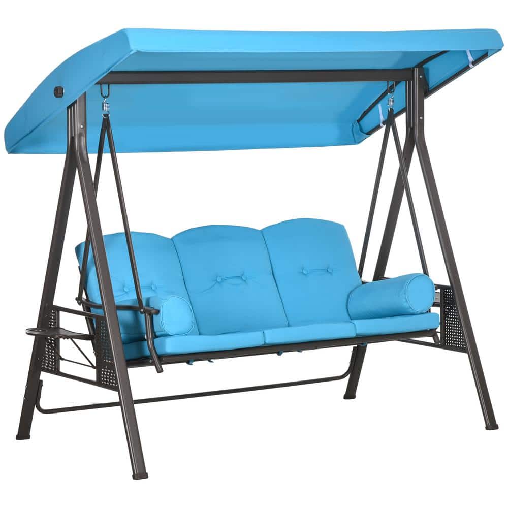 3-Person Alloy Steel Patio Swing with Adjustable Canopy, Blue Removable Cus