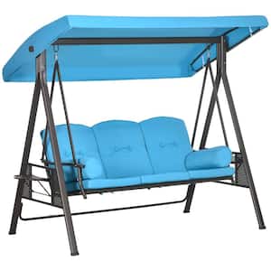 3-Person Alloy Steel Patio Swing with Adjustable Canopy, Blue Removable Cushion, Pillows and Side Trays