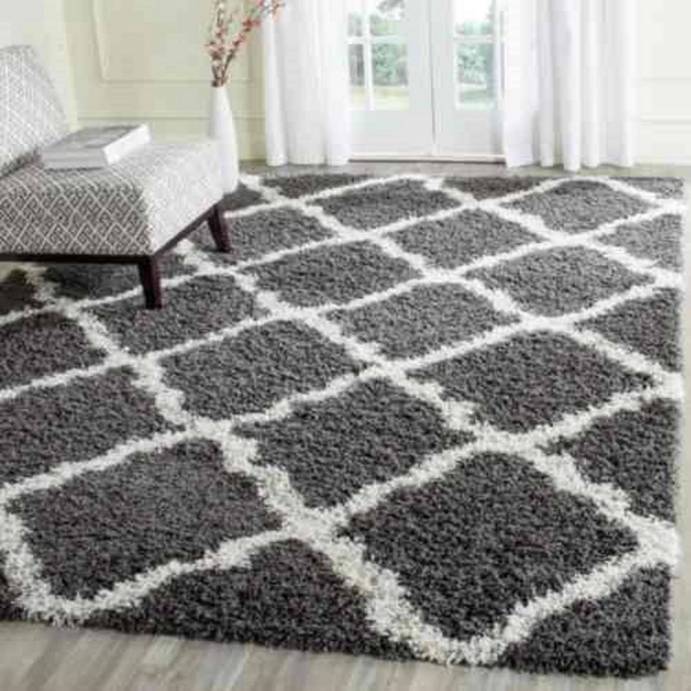 Ivory and Dark Grey High Pile Shag Synthetic Area Rug, 10' x 14'