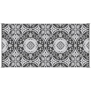 9' x 18' Reversible Outdoor Rug, Waterproof Plastic Straw Floor Mat, Portable RV Camping Carpet in Gray & White Floral