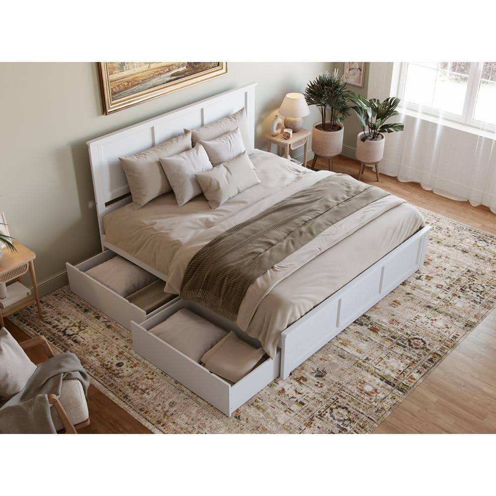 White King Solid Wood Platform Bed with Storage Drawers