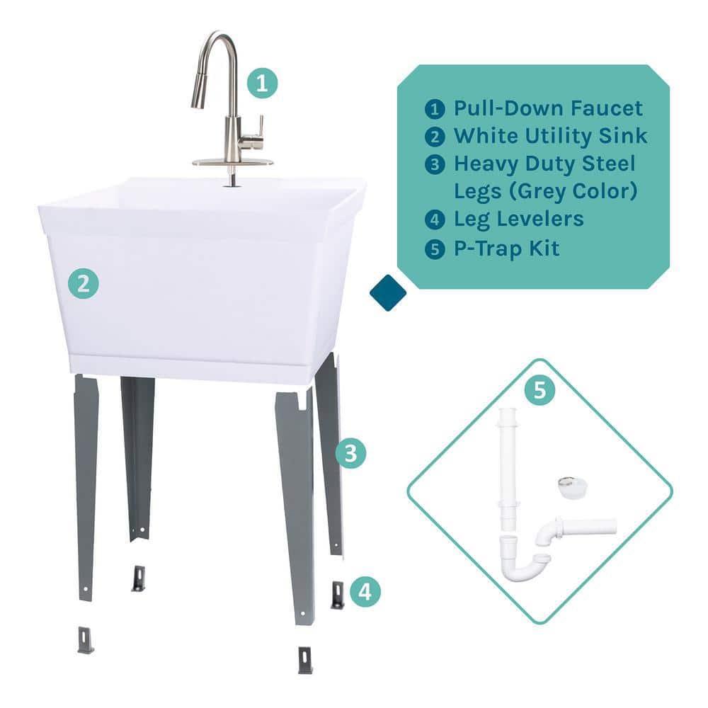 White Freestanding Utility Sink with Stainless Steel Faucet