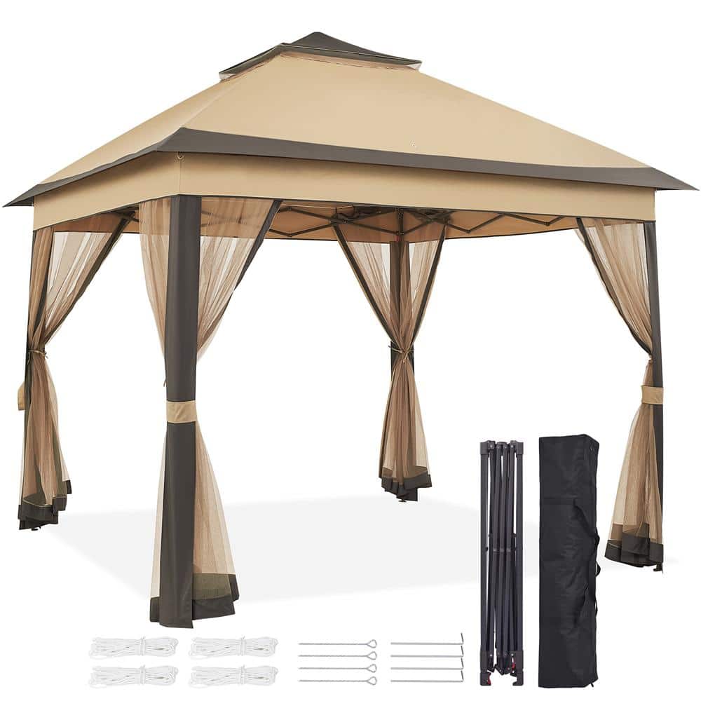 Beige and Brown 11x11 FT Adjustable Pop-Up Gazebo Tent