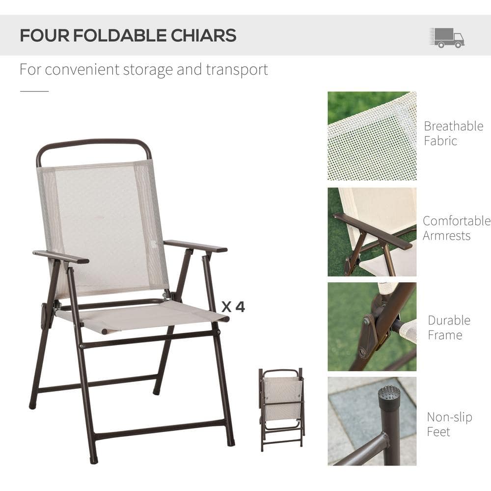 Beige 6-Piece Outdoor Dining Set with Umbrella and Folding Chairs