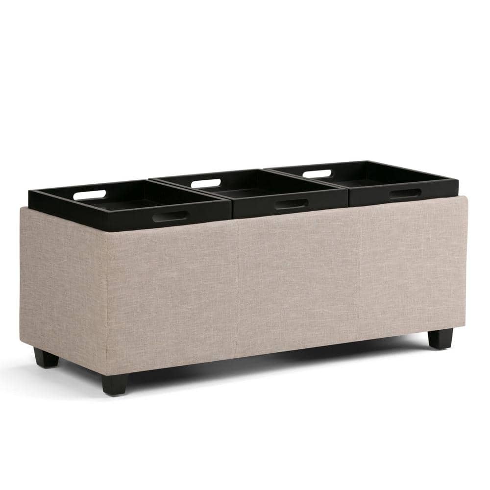 Avalon Natural Linen Look Large Storage Ottoman with Serving Trays
